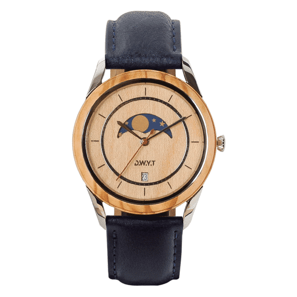 Montre phases de lune bois Full Moon avec bracelet cuir lisse bleu minuit