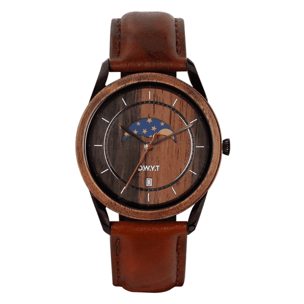 Montre phases de lune New Moon avec bracelet en cuir lisse marron sénois