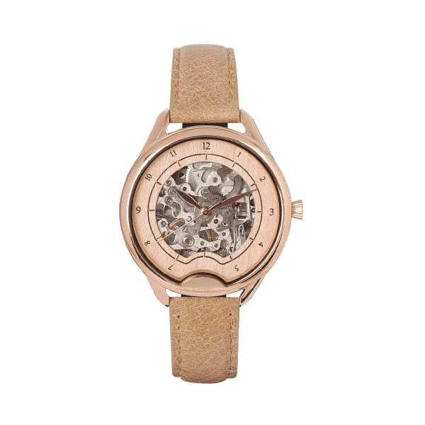 Montre squelette femme automatique rosegold Odyssey avec bracelet en cuir grainé beige