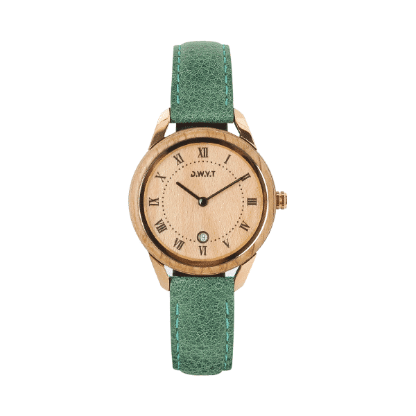 Montre en bois Spirit avec bracelet en cuir grainé émeraude