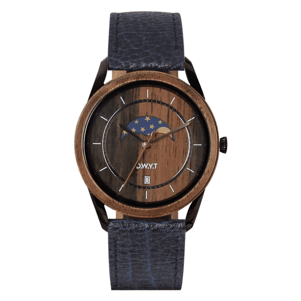 Montre phases de lune New Moon avec bracelet vegan en cuir de pomme bleu