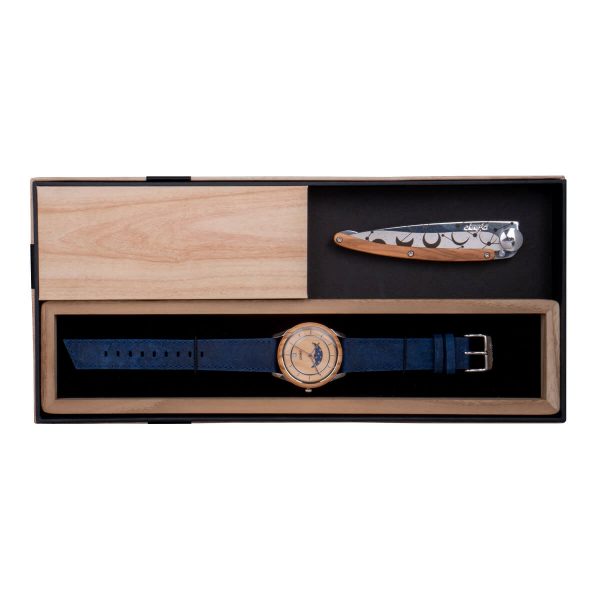 Coffret cadeau montre en bois DWYT Full Moon et couteau Deejo silver