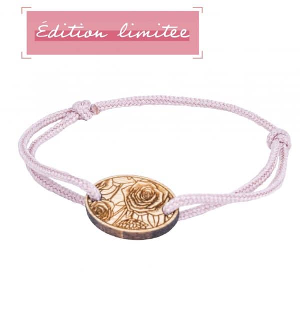 Bracelet Octobre Rose La Rose avec cordon rose et motif floral
