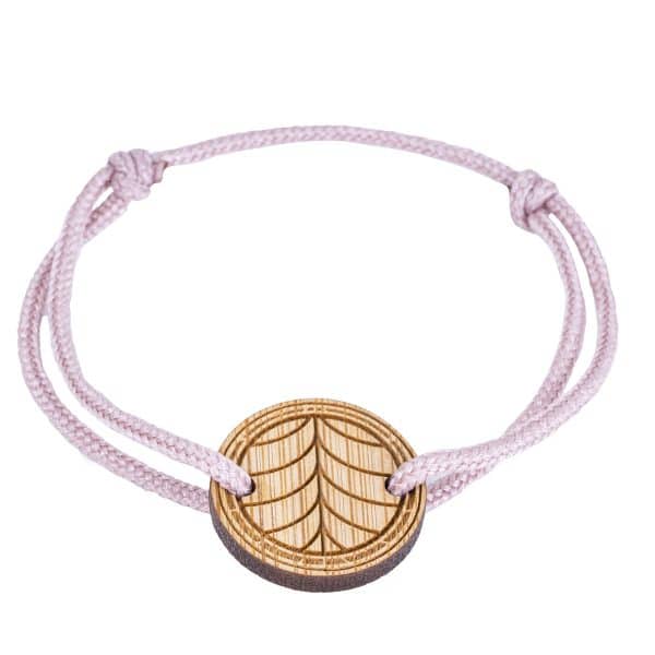 Bracelet feuille Le naturel avec médaillon bambou et cordon rose spécial Octobre Rose