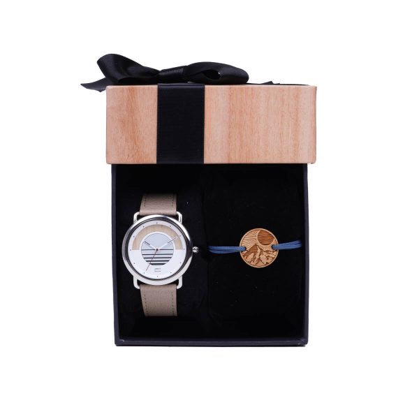 Coffret montre bracelet homme le lève-tôt composé d'une montre solaire Sunrise vegan pomme amande et un bracelet cordon l'alpin