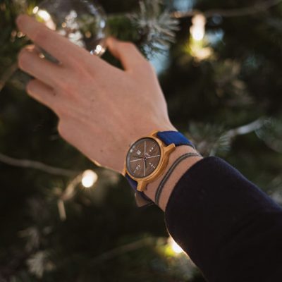 Montre homme tendance Côme pour Noël avec bracelet en cuir vintage bleu saphir